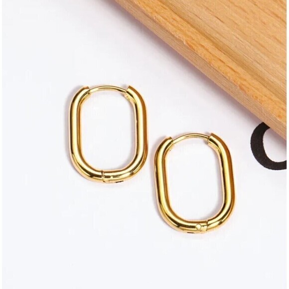 Gold Tone Oval Oblong Hoop Earrings - Picture 12 of 12